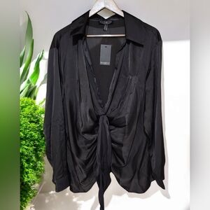 Eloquii Satin Tie Front Ruched Blouse Womens 20 Black Long Sleeve Lightweight
